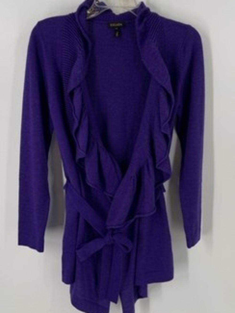 Escada Designer Italy Purple Wool Blend Ruffle Long Sleeve Cardigan Sweater XS